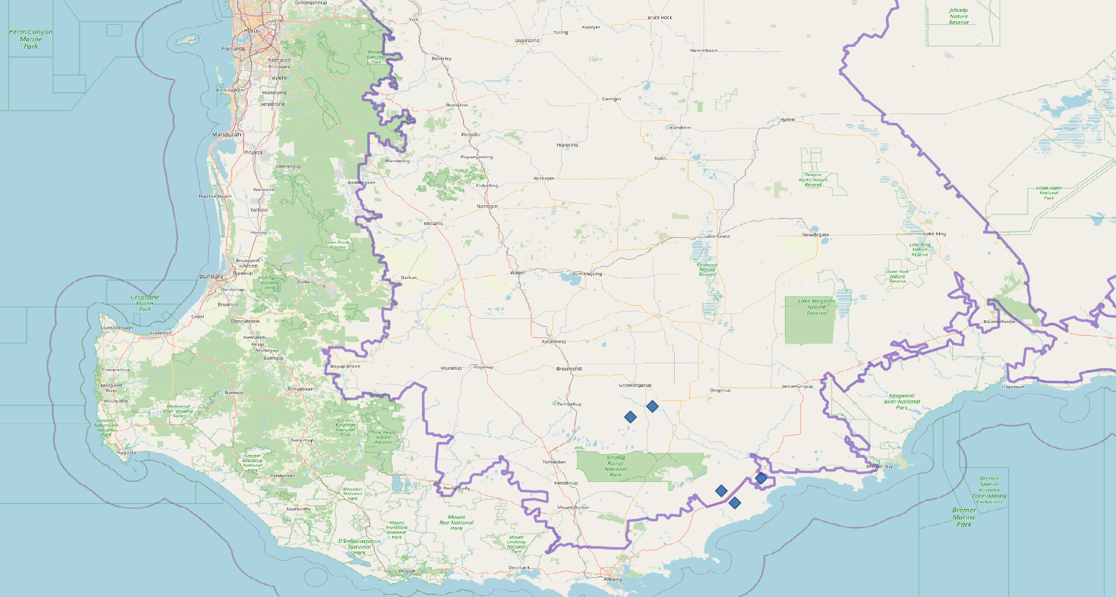 Map showing the five locations of Nymann Strathaven farms in the Great Southern Region of Western Australia