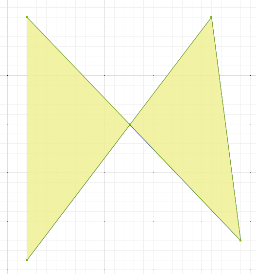 Result geometry: the bowtie split into two valid polygons meeting at a single point